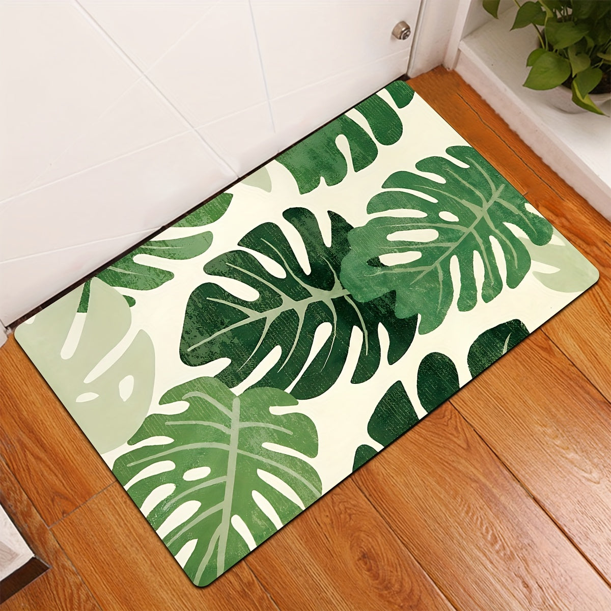 Green Plant Pattern Area Rug Polyester Non-Slip Foam Pad for Living Room Bedroom