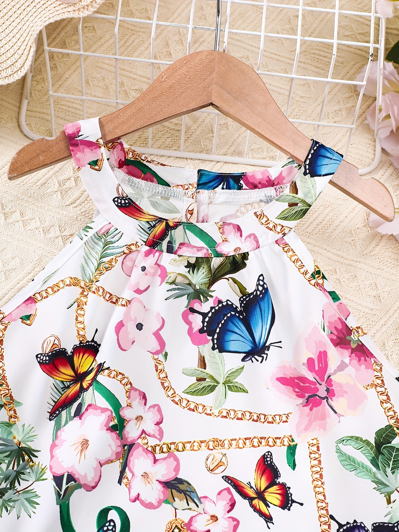 Yozgi faoliyatlar yoki sovg'alar uchun yurak, gullar va kapalak grafikalariga ega bo'lgan halter tepa va tugmachali shortlardan iborat 2-qismli to'plam.