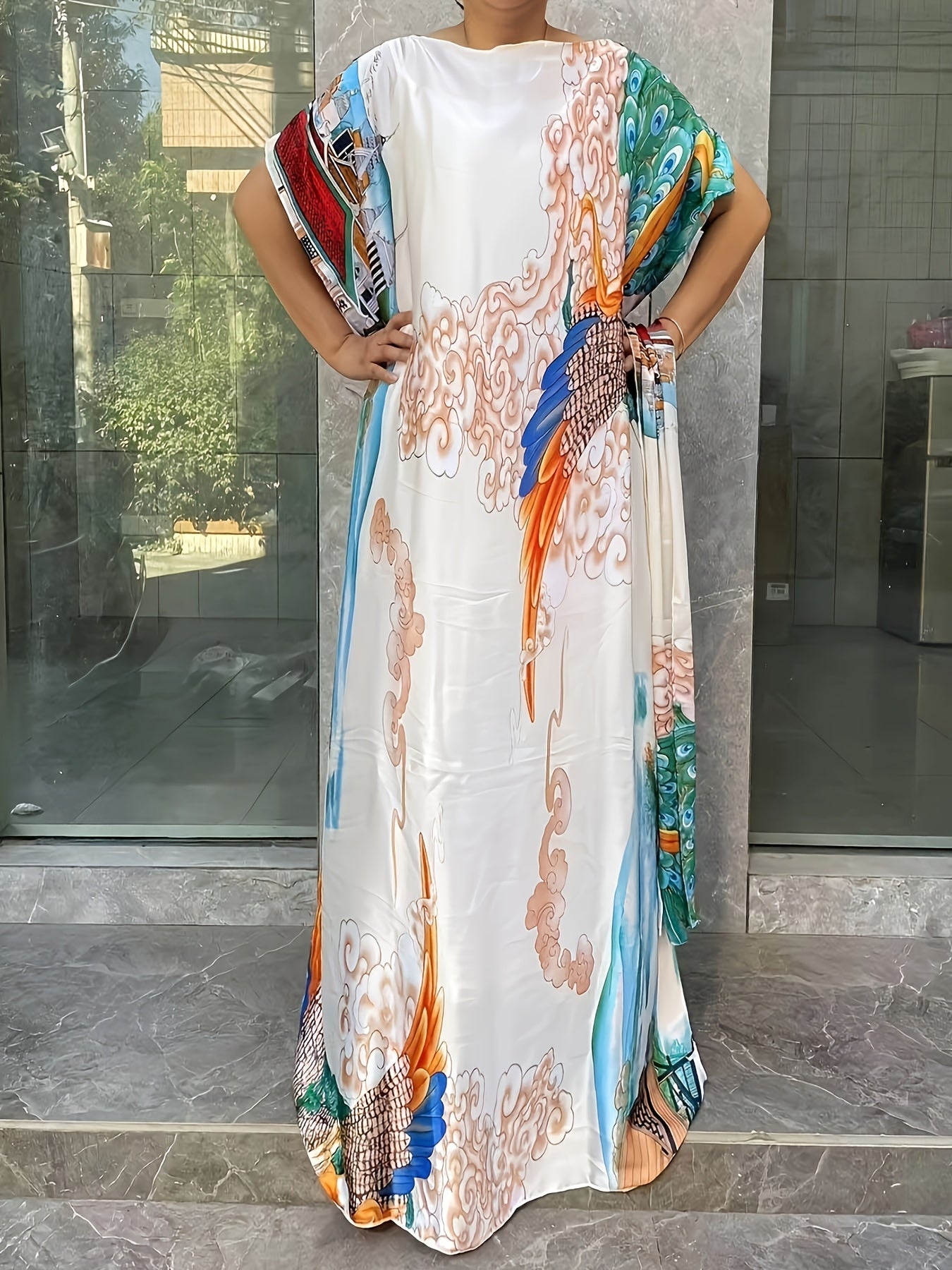 Plus Size Floral Print Longline Dress Short Sleeve Summer Clothing