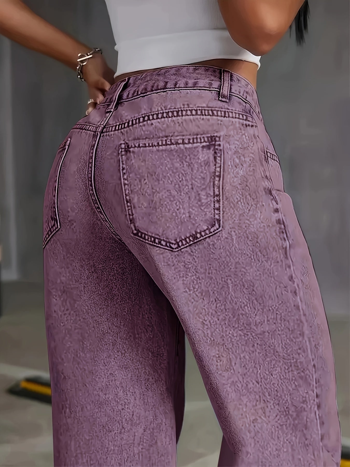 Jeans de mezclilla elástica de talla grande para mujer, de tiro alto y pierna recta, color morado