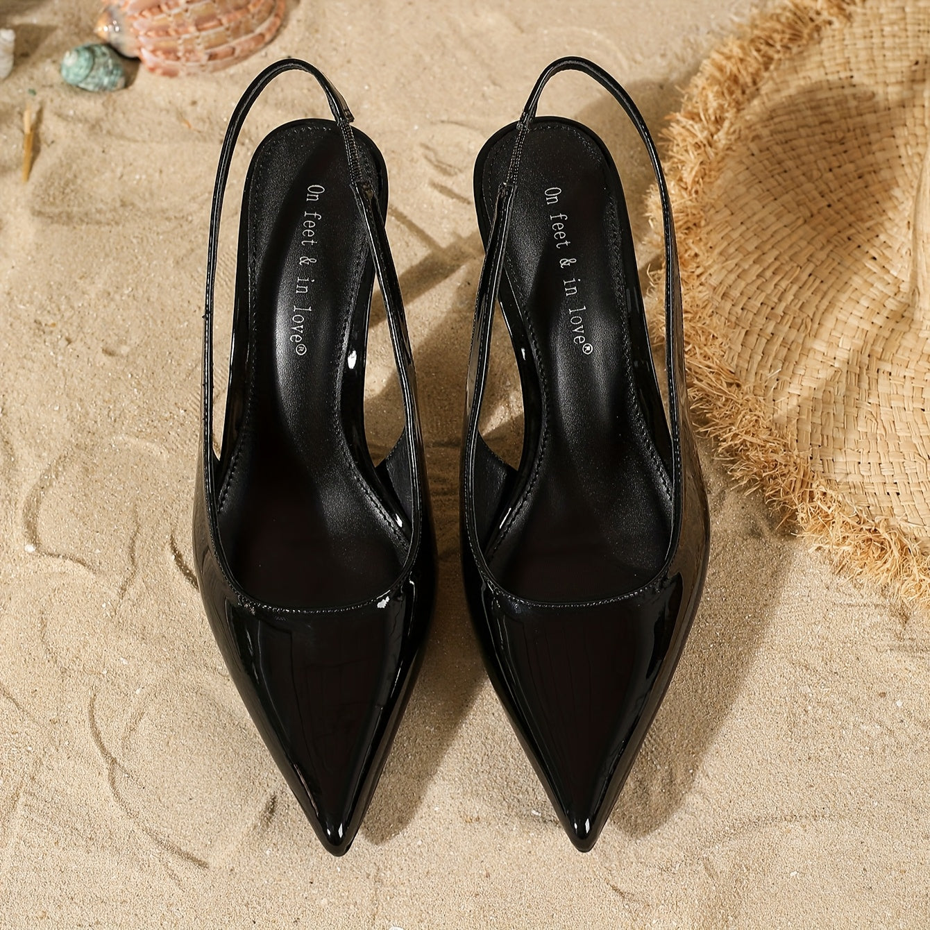 Women's Black Pointed Heeled Sandals with Slingback Strap for Spring Summer