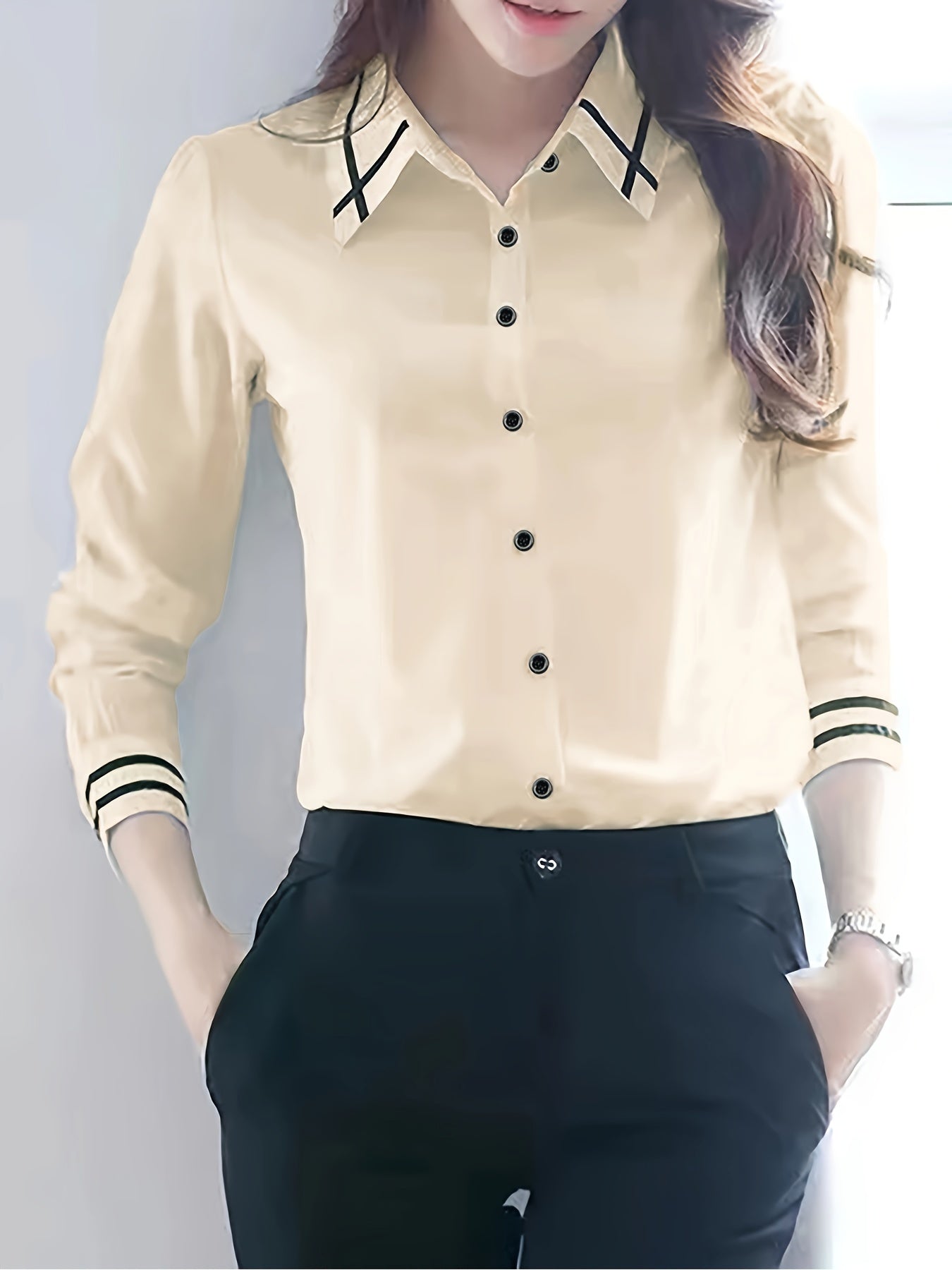 Adult Long Sleeve Color Block Polyester Shirting with Lapel Collar