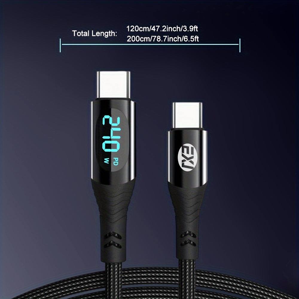 240W Type-C to C Fast Charging Cable with Digital Display Nylon Braid Compatible with iPhone Samsung Xiaomi Google Tablets and Phones