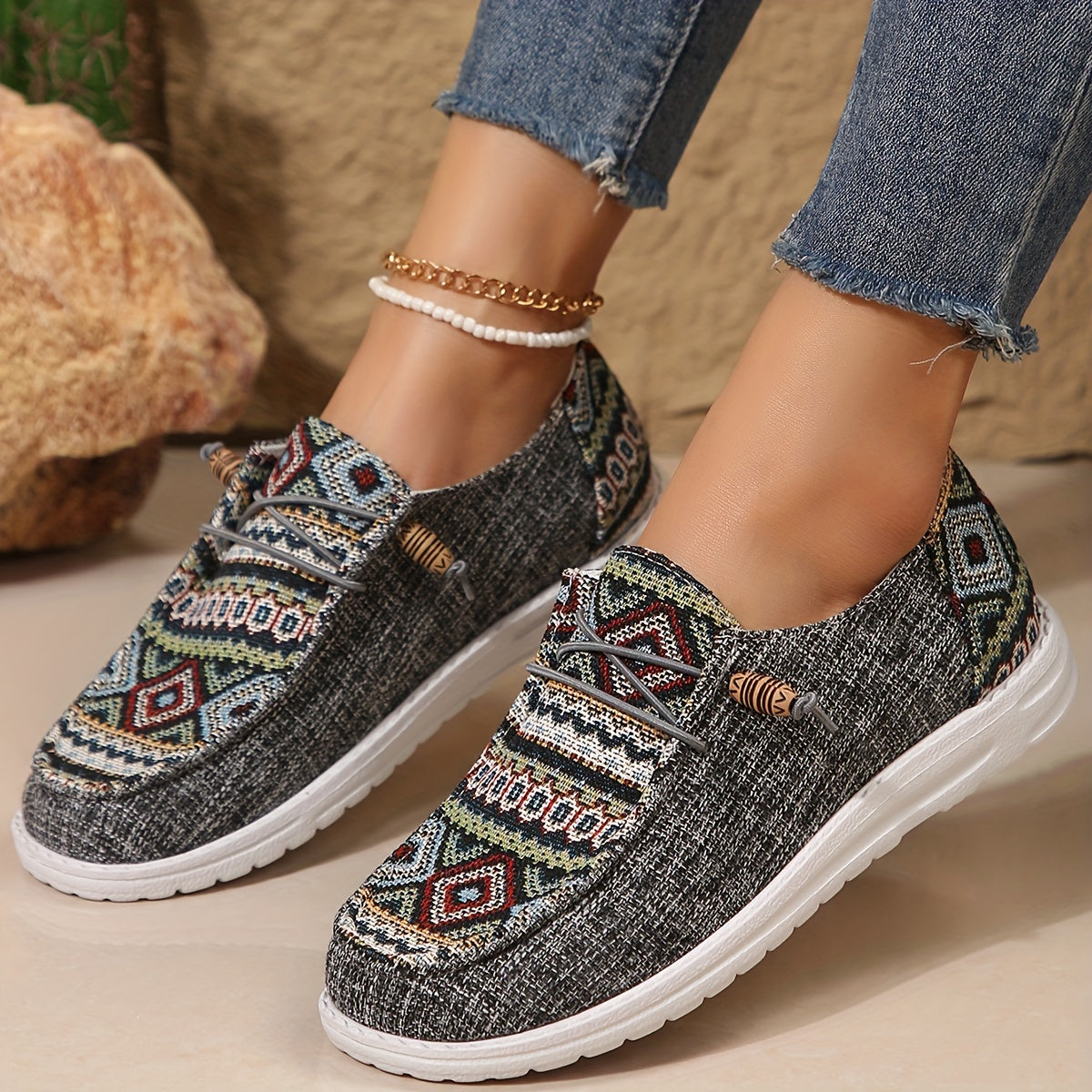 Women All-Season Flat Shoes Geometric Pattern EVA Sole Fabric Upper