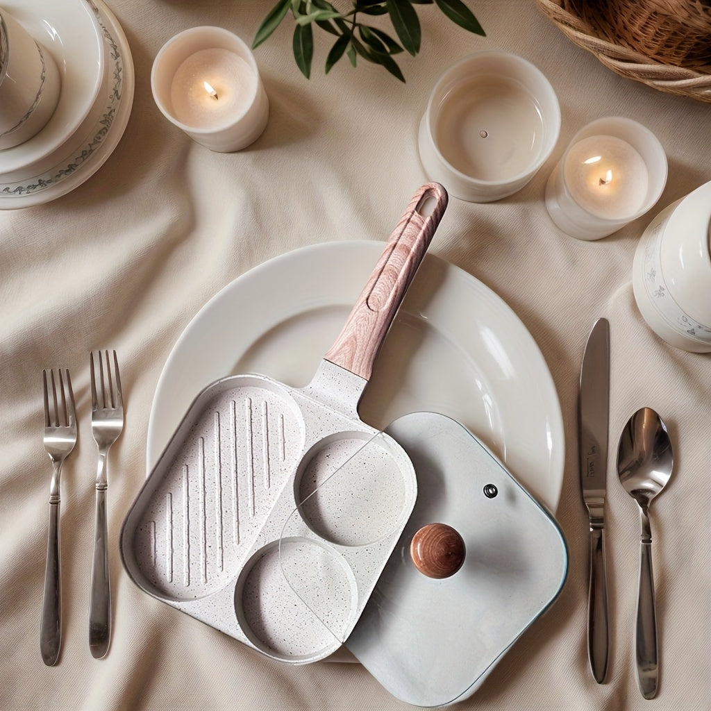 Sartén de aluminio con tapa, plancha antiadherente de 3 secciones para huevos y filetes