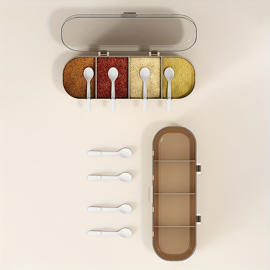 4-Compartment Seasoning Box with Lid and Spoon for Kitchen Storage