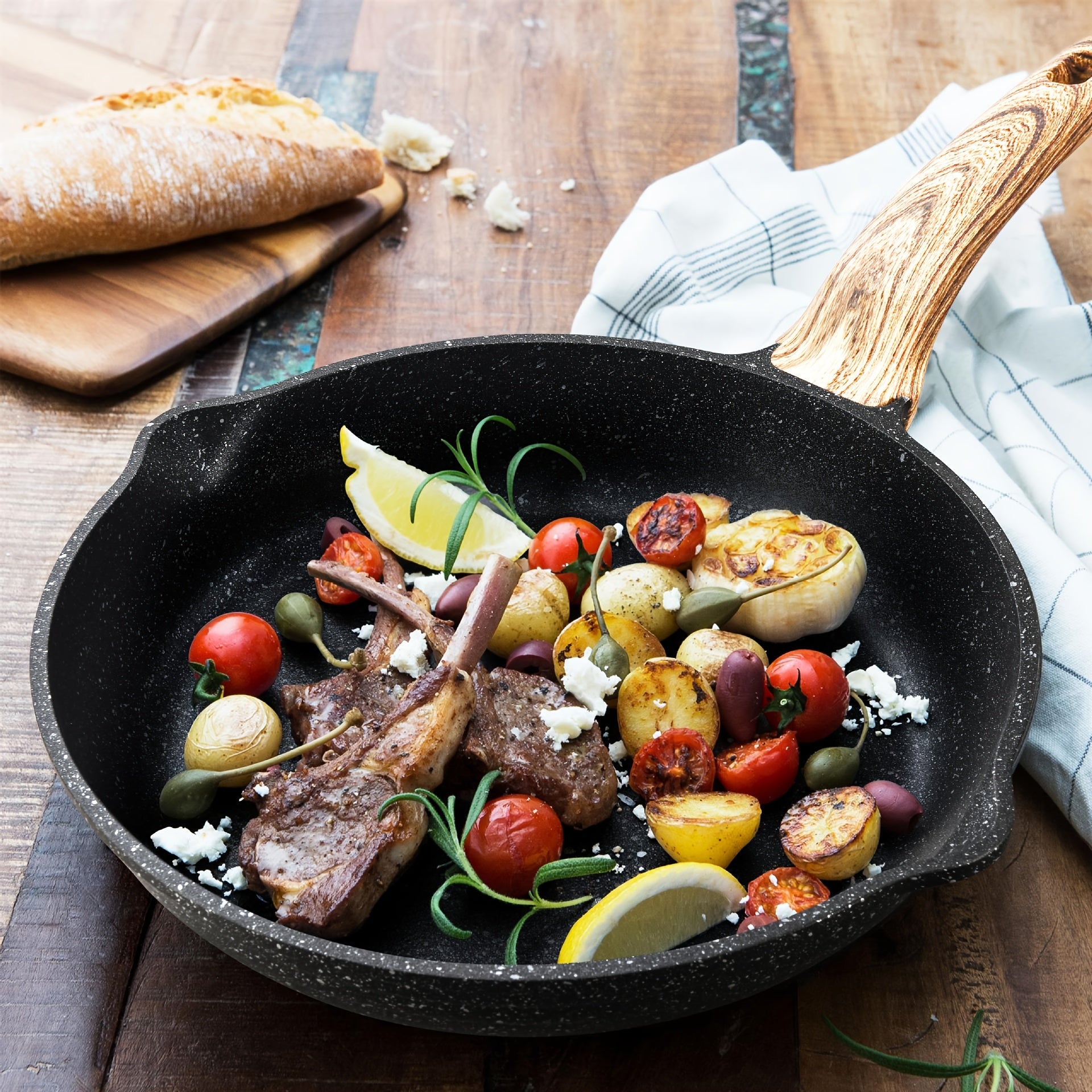 Nova Home yopishqoq qovurish panalari to'plami - 19.81 sm, 24.13 sm va 27.94 sm qovurish panalari, sovuq tutqich bilan, sog'lom tosh idishlardan tayyorlangan, induktsion pishirish uchun mos, PFOA dan xoli, yog'och tutqichga ega.