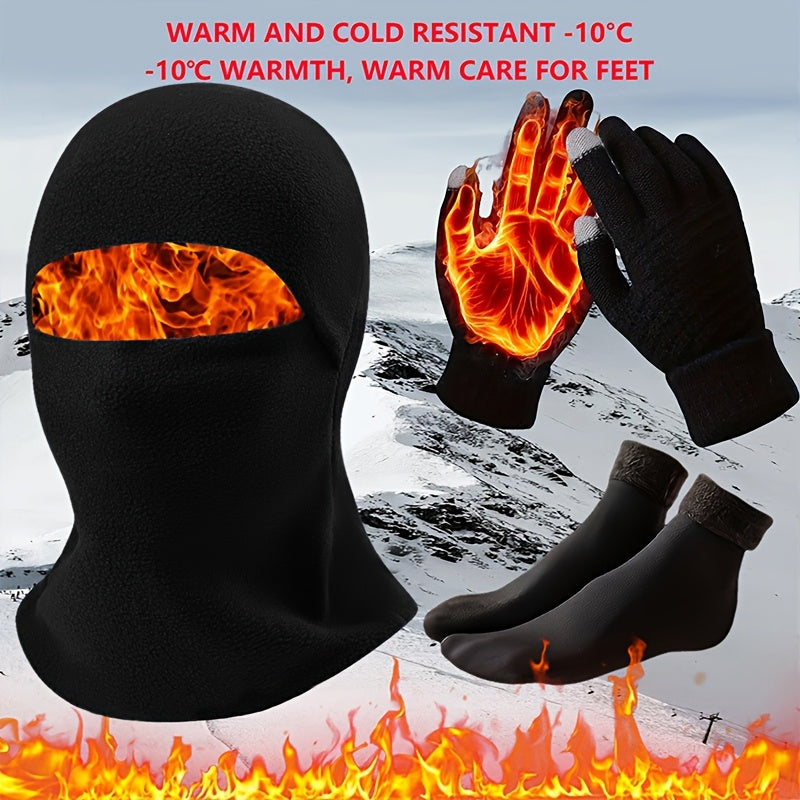 Men's Winter Fashion Set Thick Windproof Earflap Hat Touch Gloves Socks Polyester Knit Warm Cold Resistant