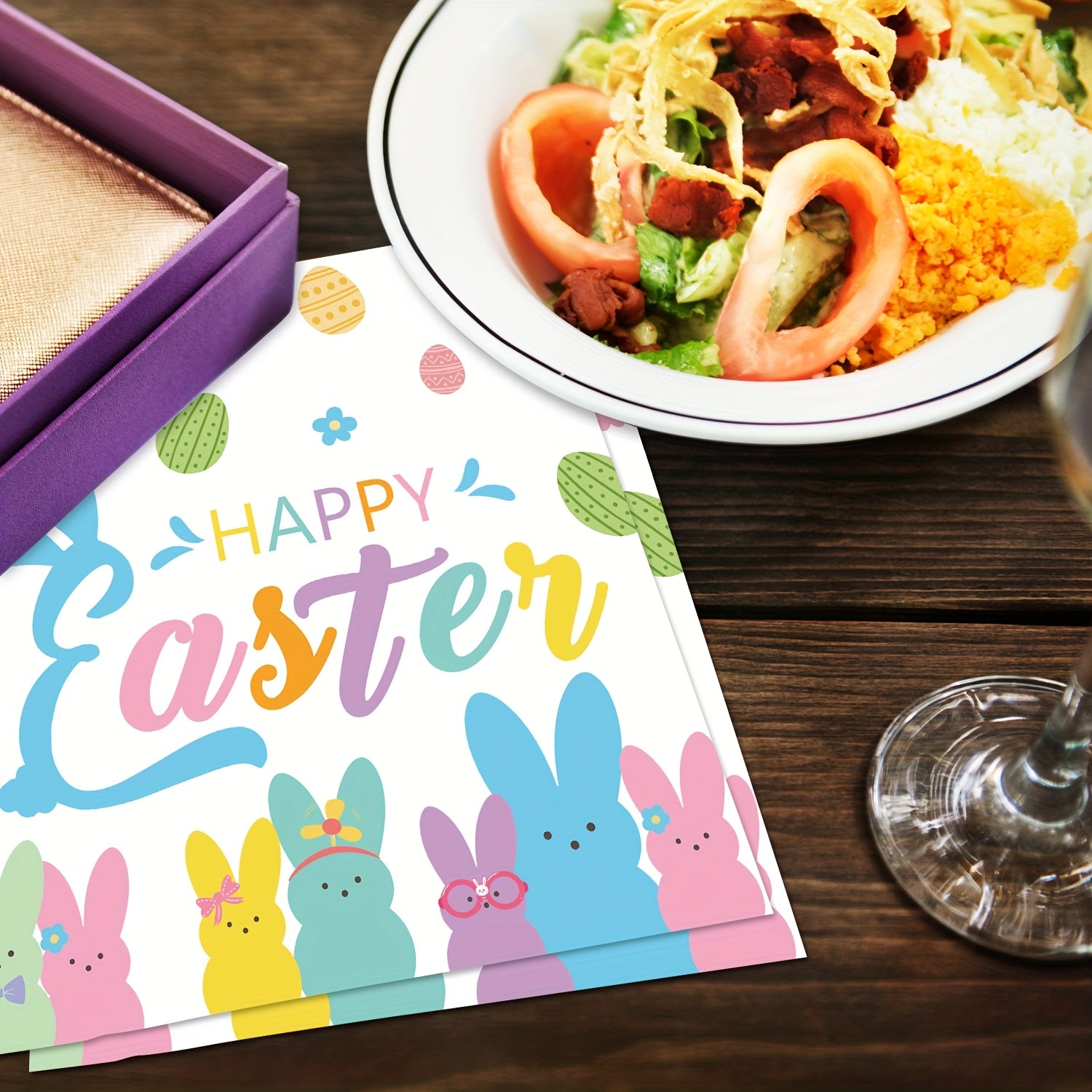 Paskha quyon va Peep qog'oz salfetkalar 3-qavatli 16.26 sm kvadrat pastel tuxum gullari naqshlari