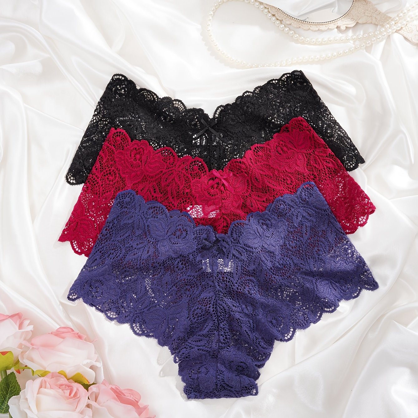 Women's Floral Lace Panties Set 3 Pack Breathable Scallop Trim Jacquard Sheer Shorts