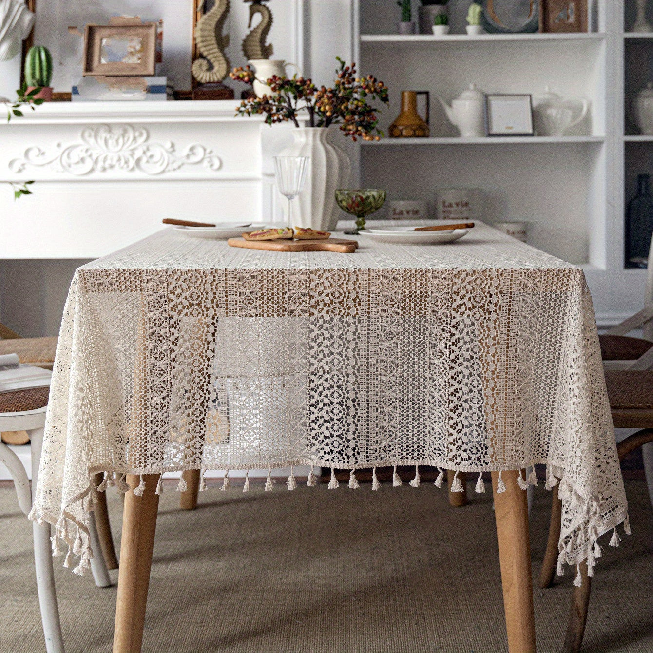 Bohemian Crochet Lace Rectangular Tablecloth for Dining and Parties Polyester Farmhouse Style