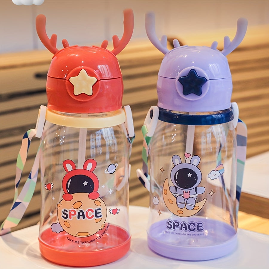Kids Water Bottle 600ml Antler-Shaped with Straw Sturdy Eco-Friendly for Boys Girls