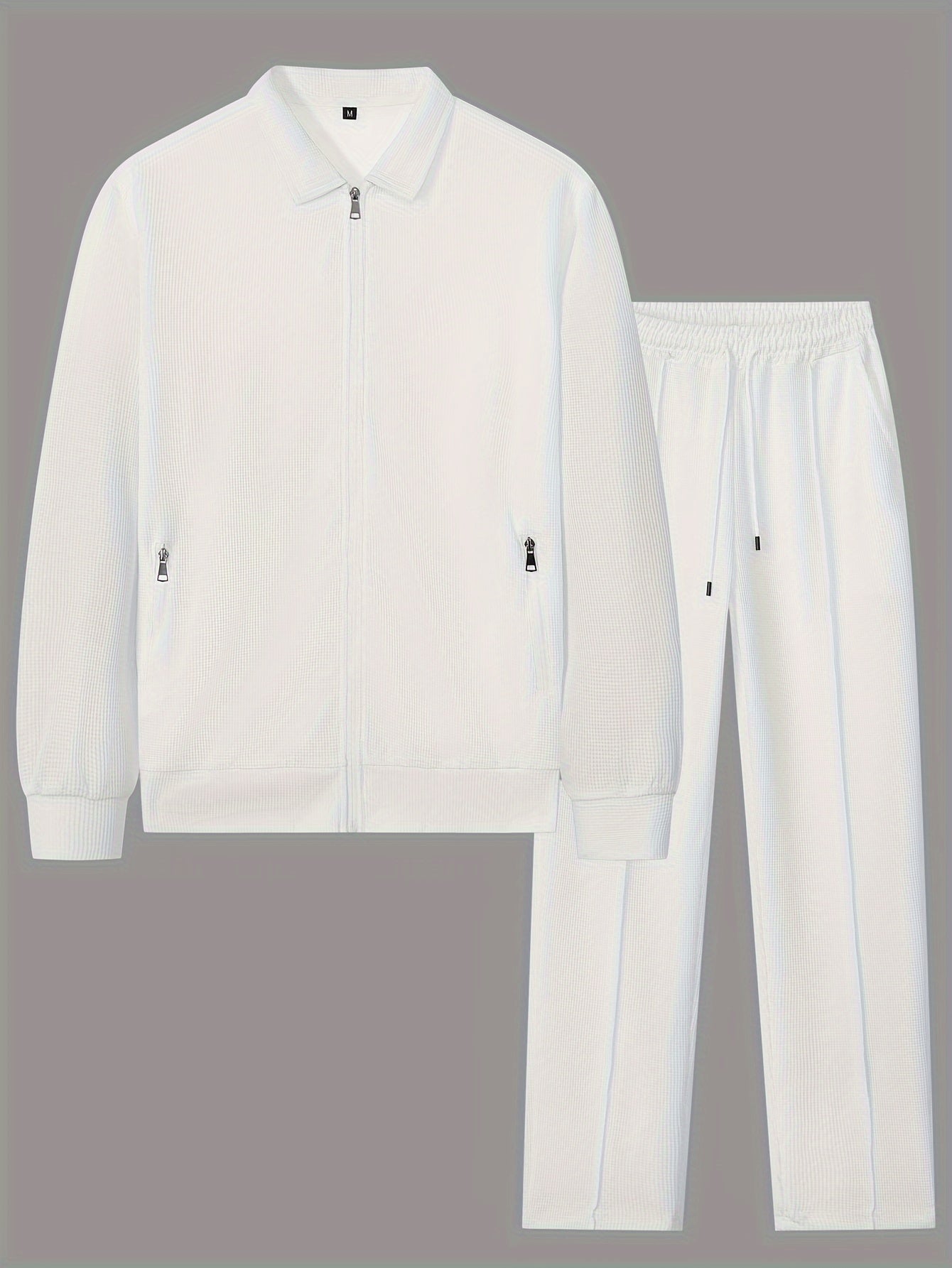 Men's Waffle Knit Casual Outfit Solid White Long Sleeve Zip-Up Cardigan and Drawstring Pants Set