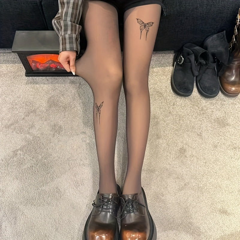 Women's Black Thermal Fleece-Lined Tights with Butterfly Pattern and Bow Detail