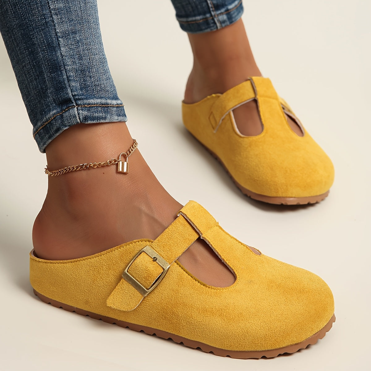Women's Slip-On Platform Sandals with Adjustable Buckle Mustard Fabric