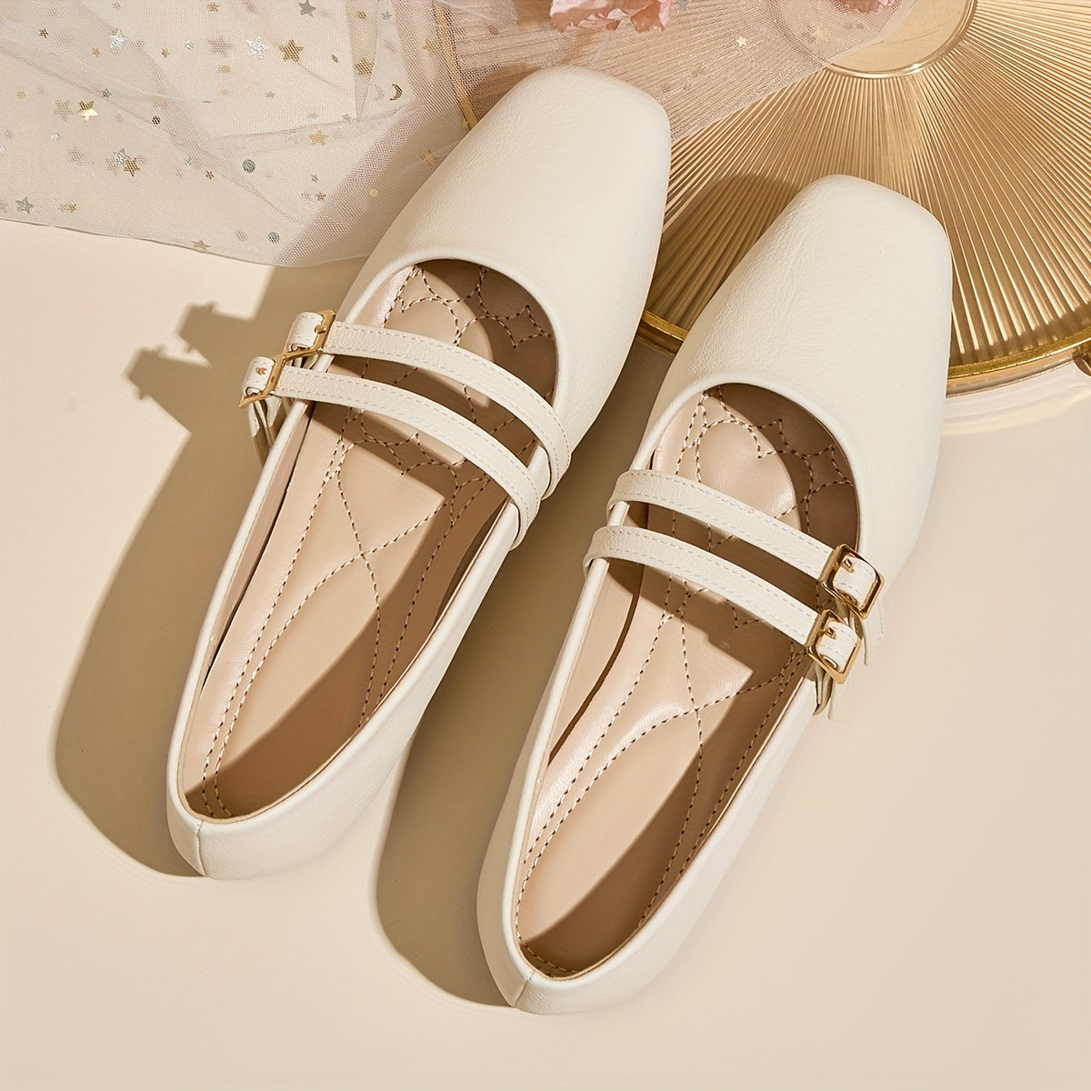 Women Slip-On Flats Beige Synthetic Mary Jane Shoes with Rubber Sole