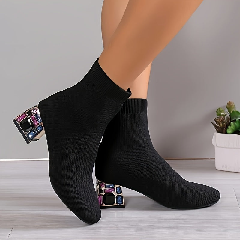 Women's Knit Ankle Boots with Chunky Heels Black Ribbed Slip-On Shoes