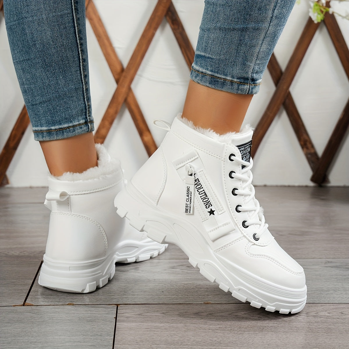 Women's Winter High-Top Boots Fleece Lined Rubber Sole Lace-Up Mid-Heel