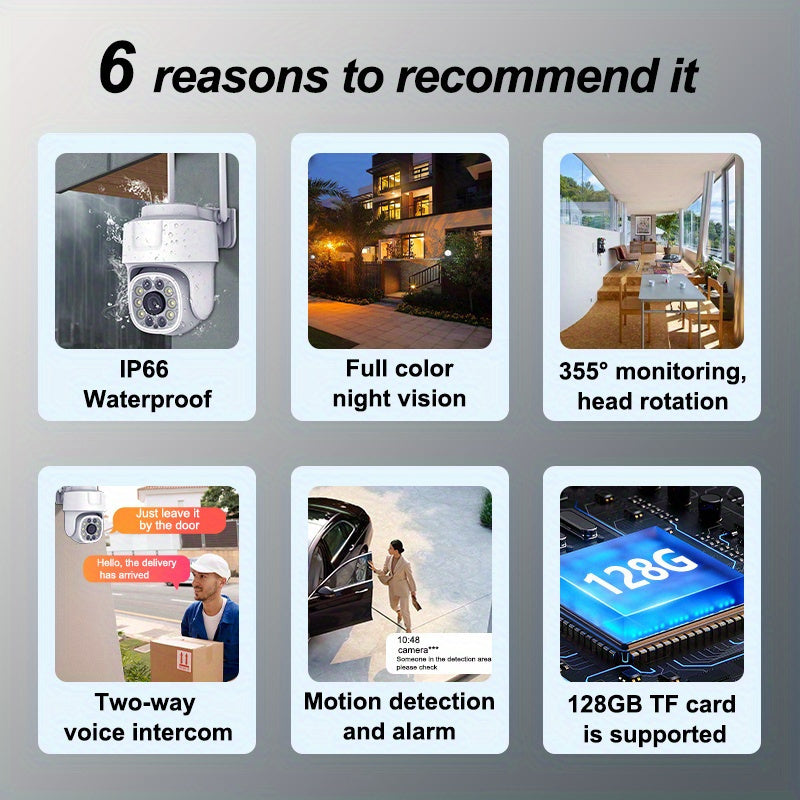 1080P HD Wireless Security Camera with Panoramic PTZ Night Vision Two-Way Audio Waterproof Motion Detection