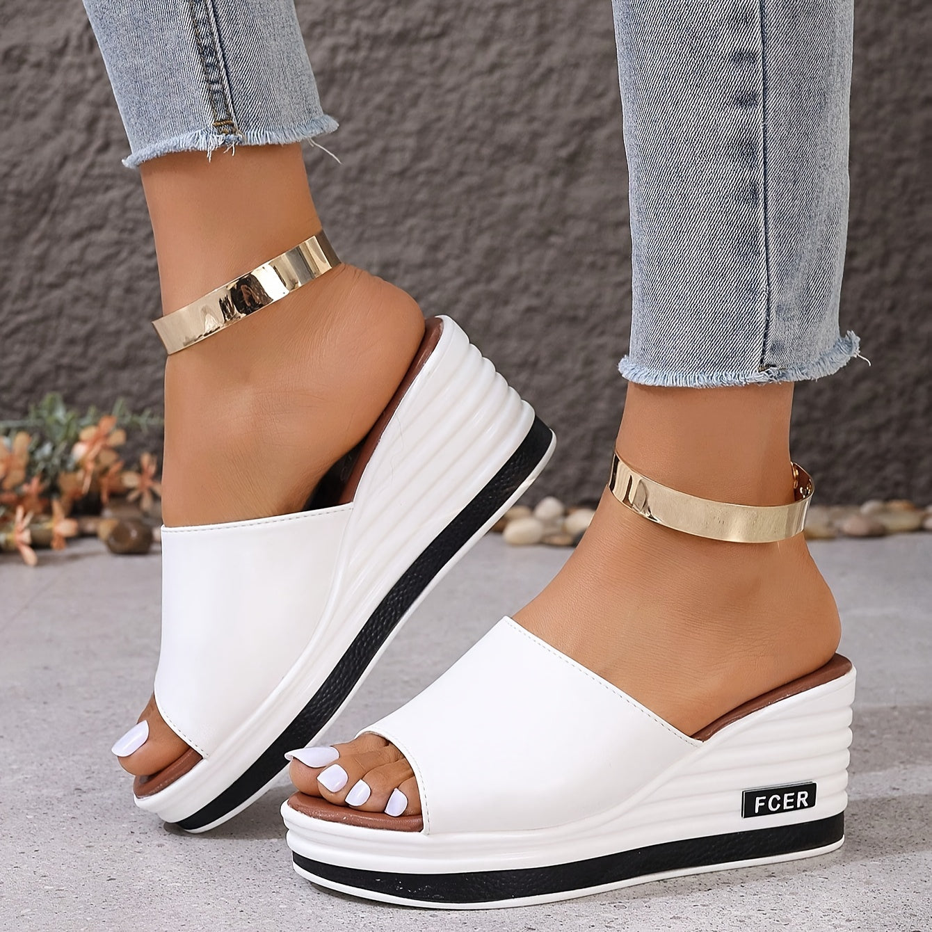 Women's White Wedge Sandals with Gold Ankle Accent Open Toe Casual Summer Shoes