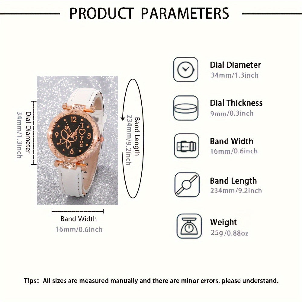 Women's Butterfly Quartz Watch and Jewelry Set with Faux Leather Strap and Zinc Alloy Case