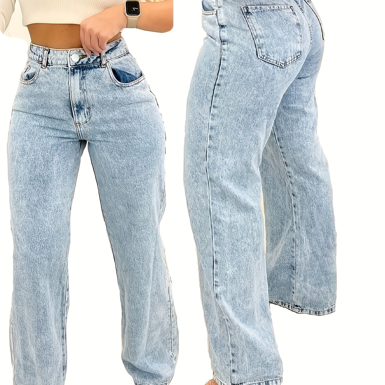 Women's Plus Size High-Waisted Straight Leg Jeans Solid Color All-Season Street Style