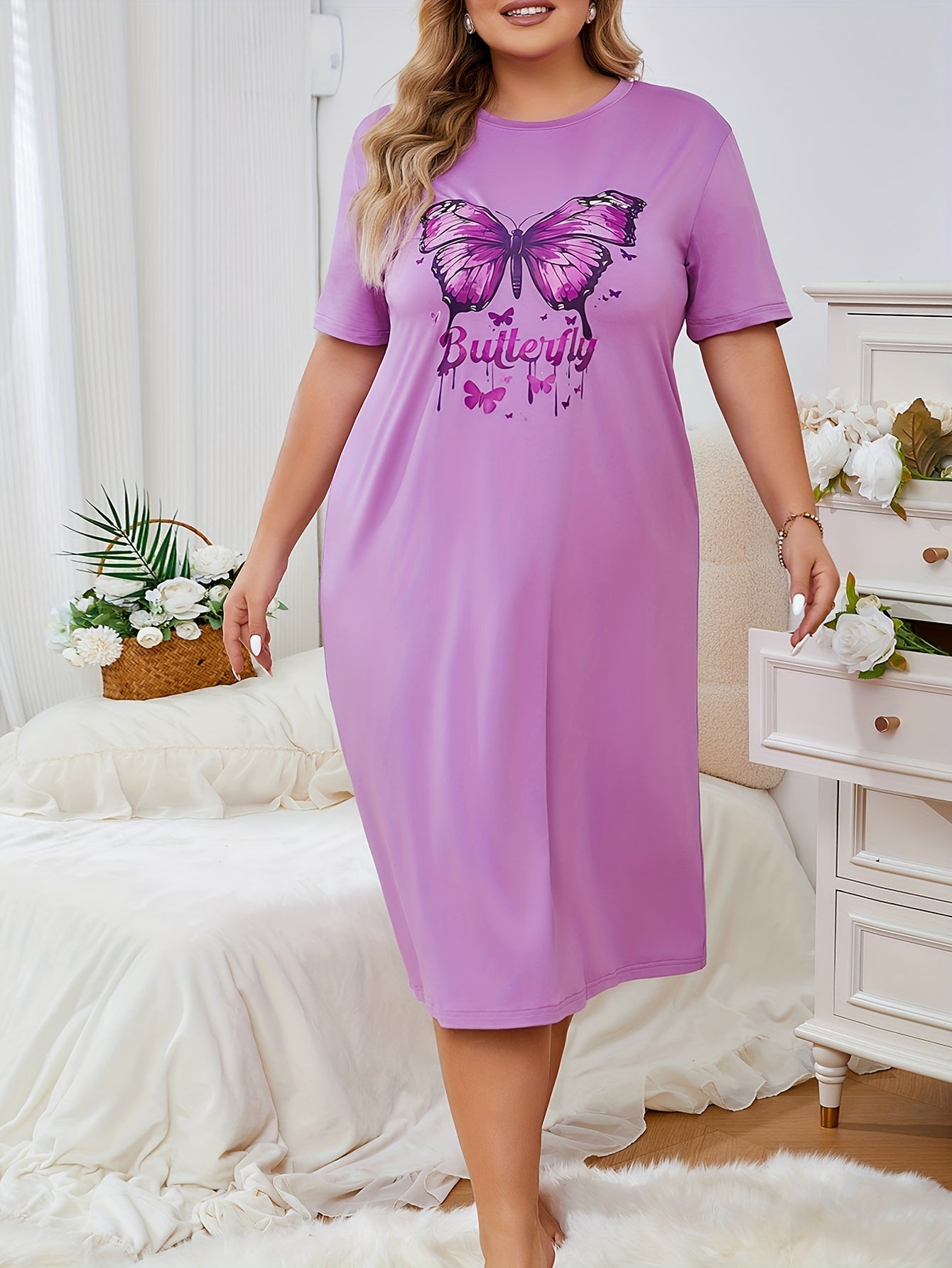 Women's Plus Size Butterfly Print Short Sleeve Sleep Dress Lavender Pink Accents