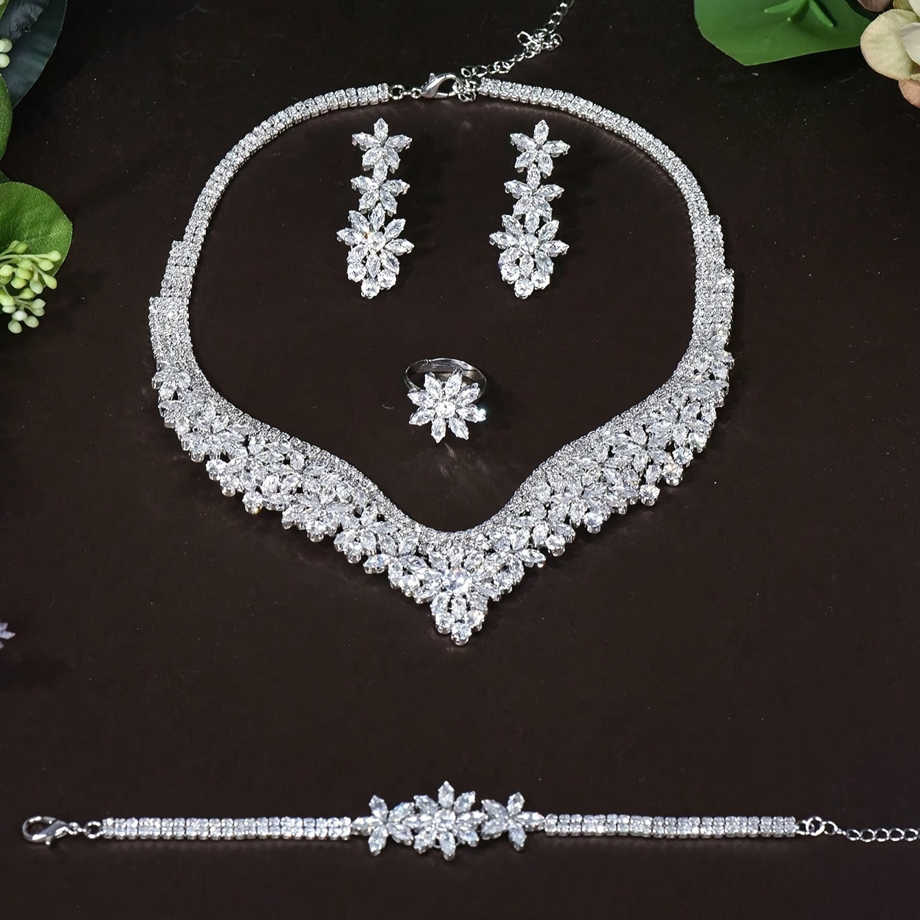 Women Middle Eastern Jewelry Set with Cubic Zirconia Necklace Earrings Ring Bracelet
