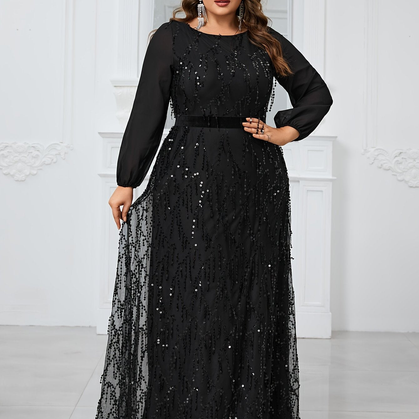 Plus Size Black Sequin Lantern Sleeve Evening Gown Formal Dress for Prom Weddings