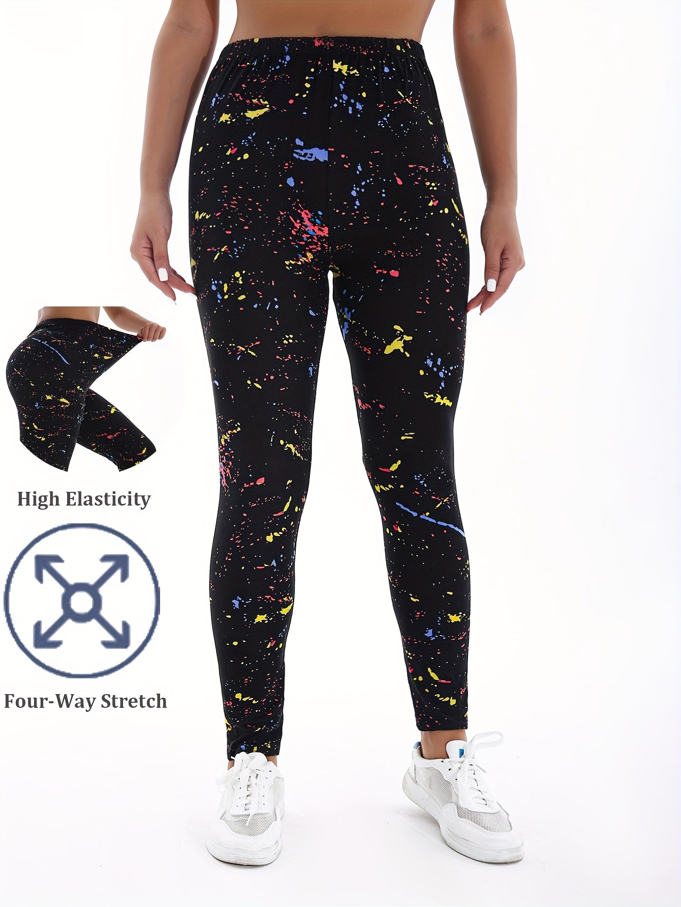 Plus Size High-Waisted Yoga Pants Black Graffiti Tie-Dye 4-Way Stretch Workout Leggings