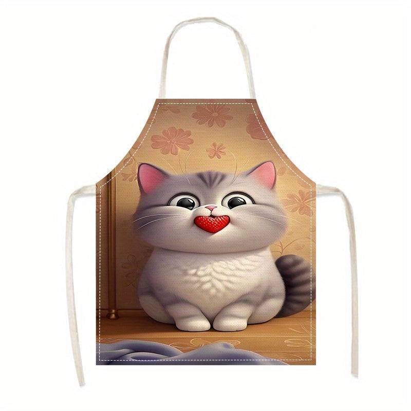 Cat-Inspired Linen Apron for Adults, Sleeveless, Floral Pattern, Lightweight Kitchen Garment