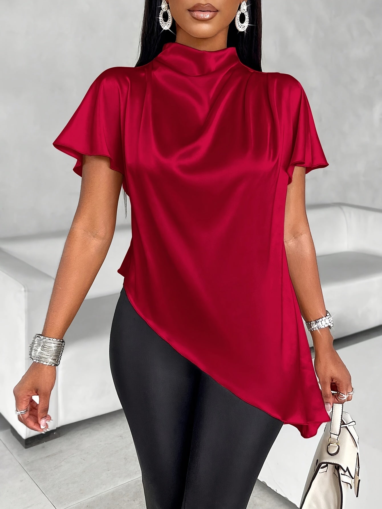 Women's Satin Blouse with Batwing Sleeves, Asymmetrical Hem, Solid Color