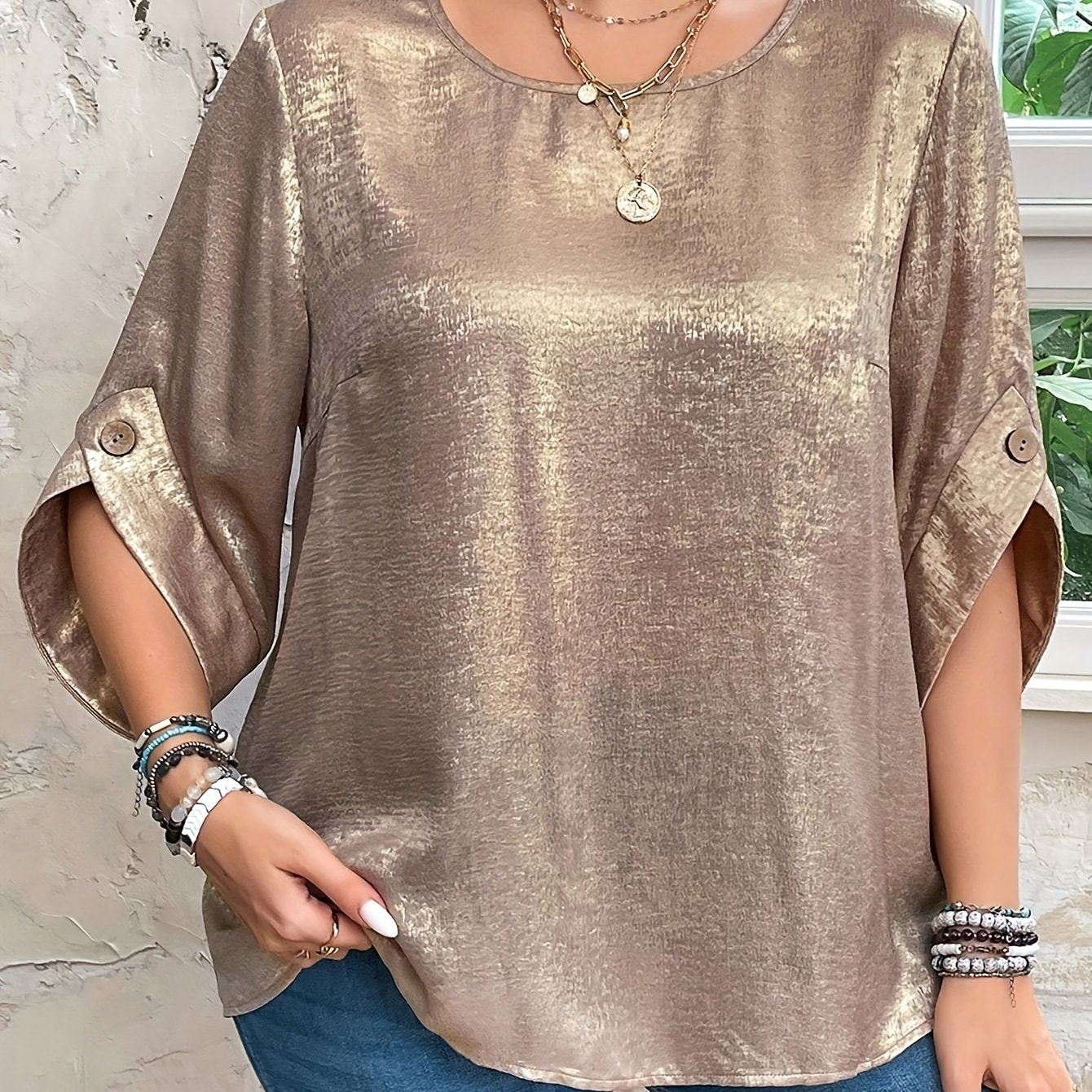 Ayollar uchun katta o'lchamli oltin mato kofta, kundalik, erkin fit, qisqa qo'l, ta'til uchun bluz