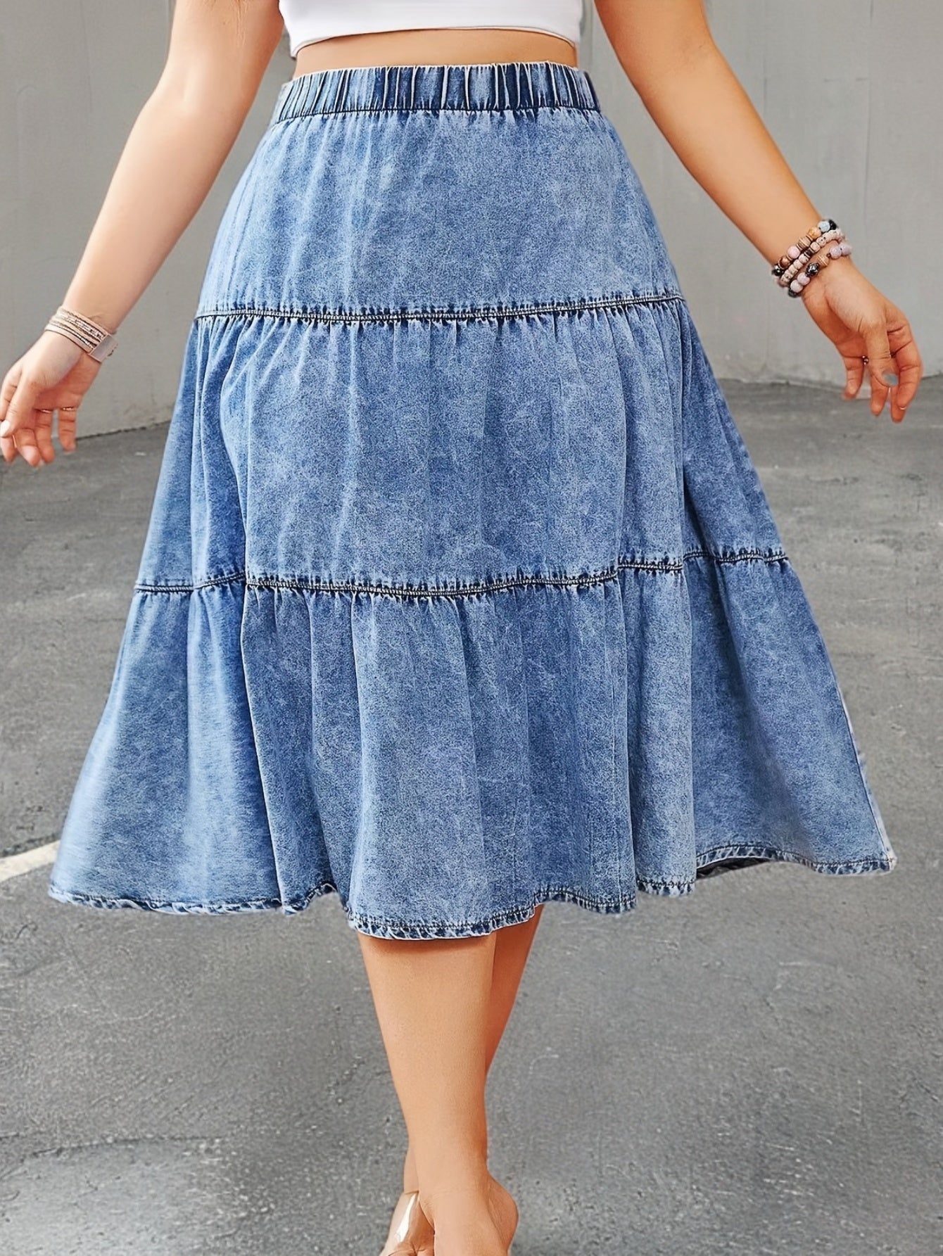 Women's Plus Size Denim Midi Skirt Tiered Ruffle A-line Blue Summer