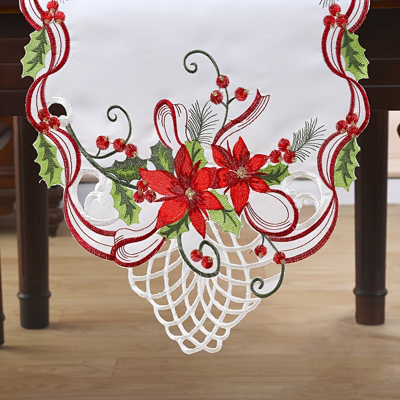 Christmas Embroidered Table Runner, Hand Hollowed, Holiday Decor, Dining Room