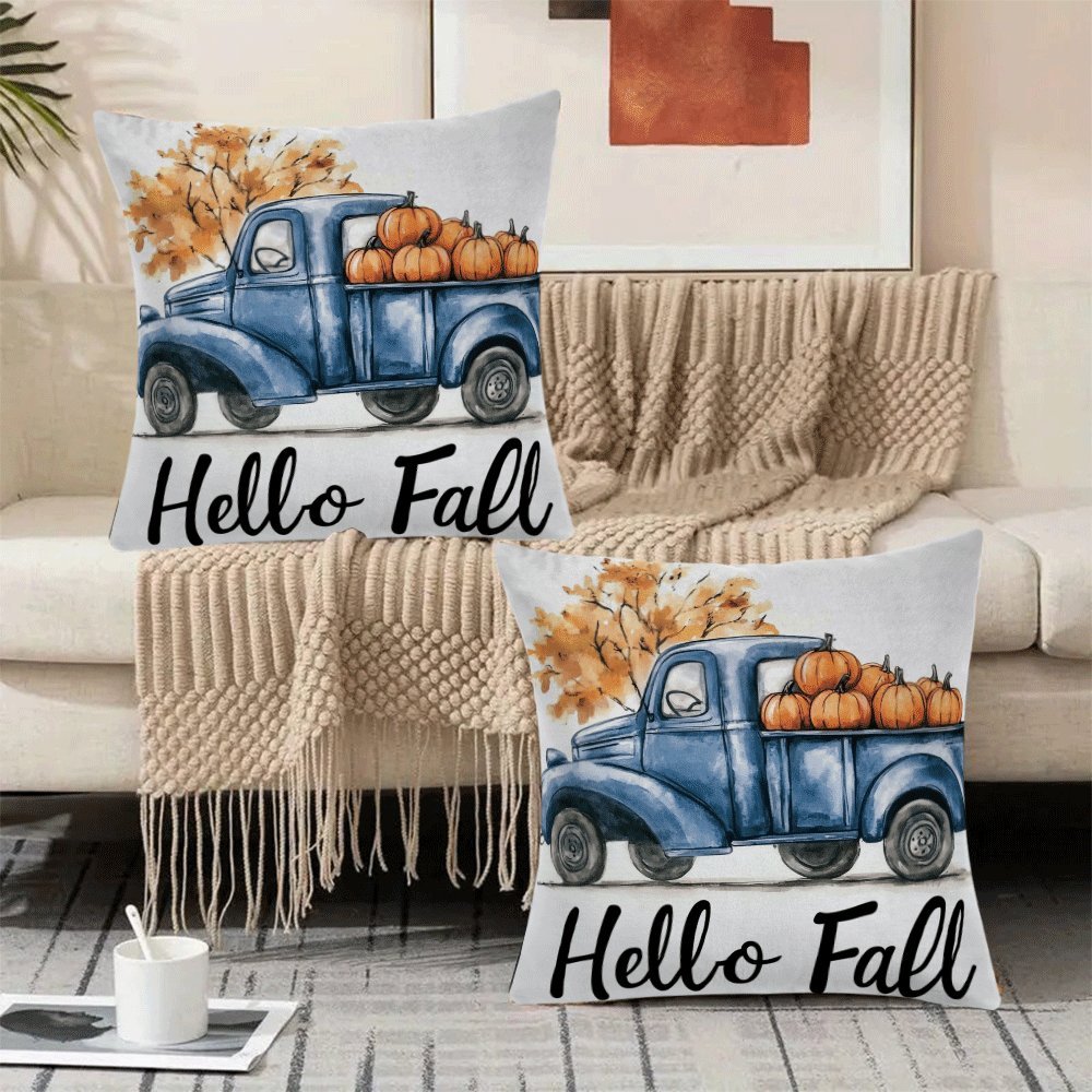 Set of 2 Flannel Pillow Covers 45.72 cm Zippered Pumpkin Truck Design for All Seasons