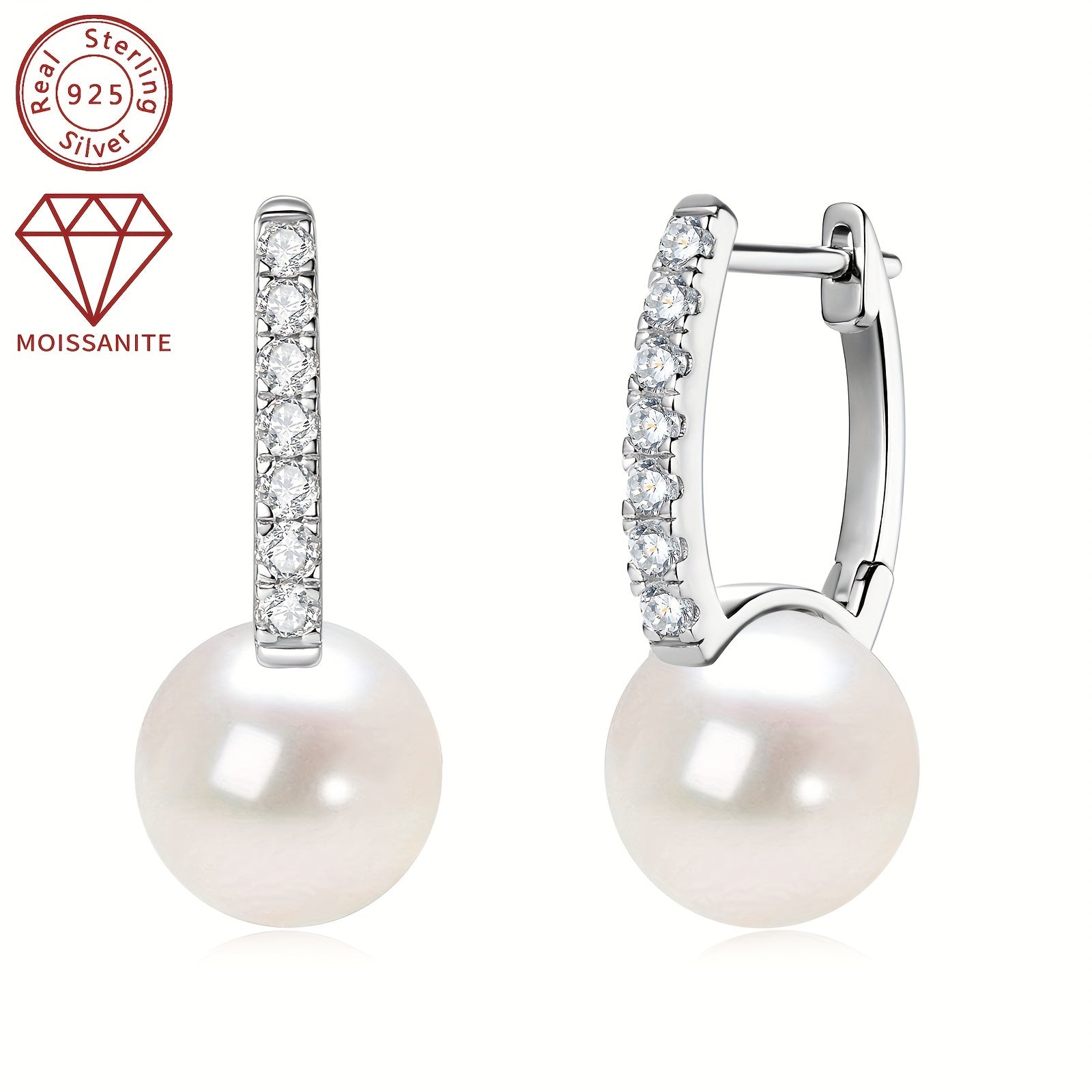Women's Silver Pearl Earrings with Moissanite 9.5-10mm Freshwater White Pearls
