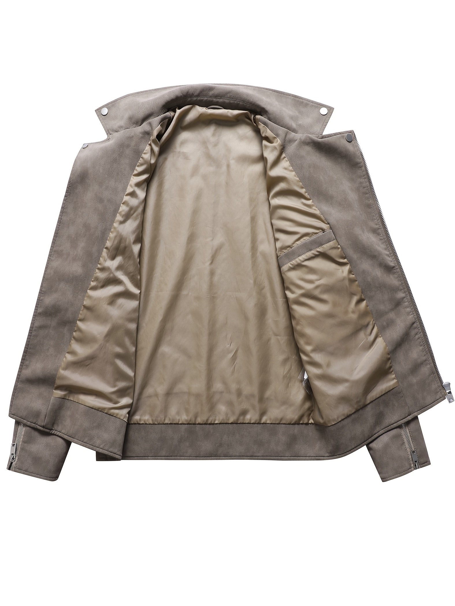 Vintage uslubidagi erkaklar jaketi, uzun yenglar, zipper yopilishi, cho'ntaklar, polyester astar va tashqi faoliyatlar uchun oddiy moslik.