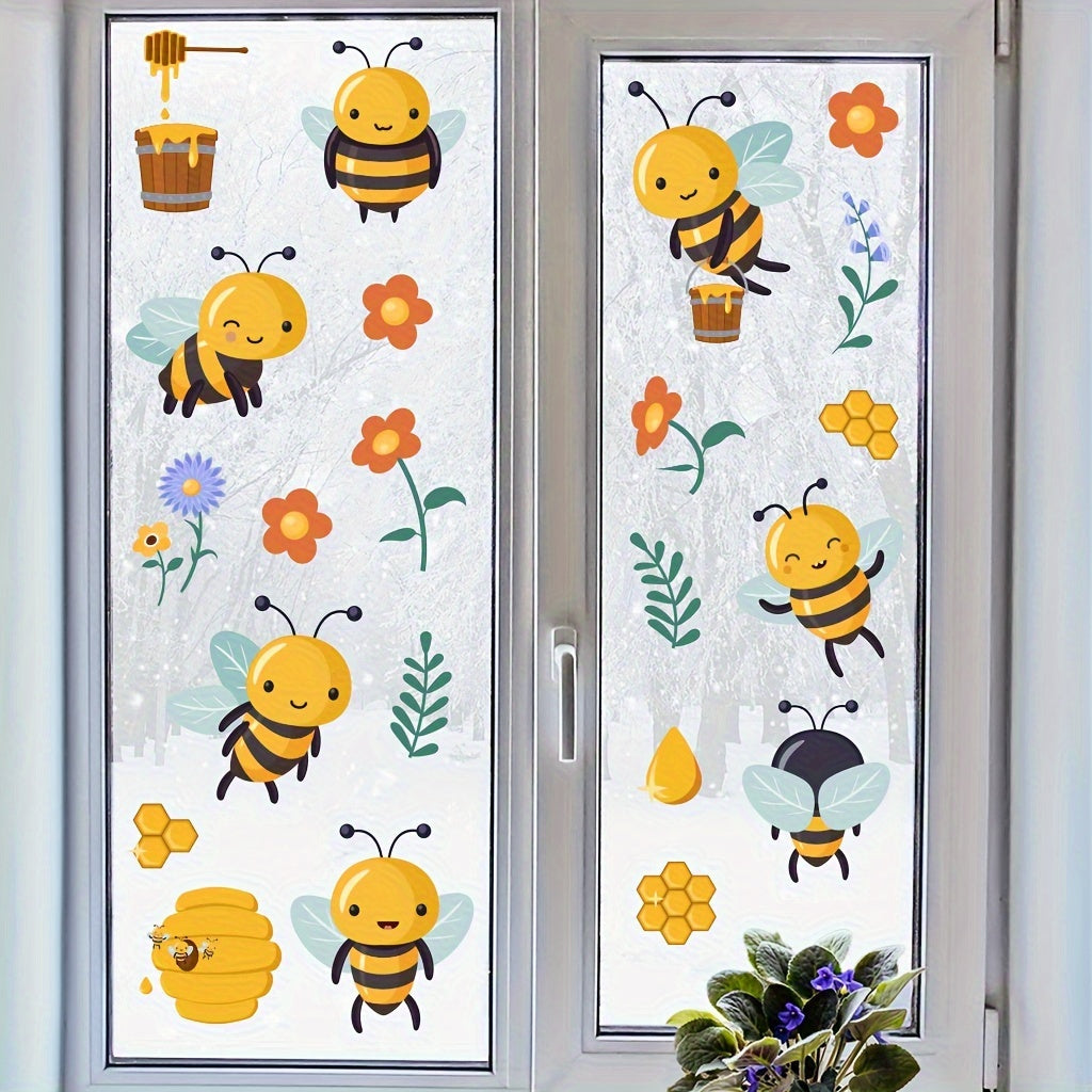Set of 2 Cartoon Bee and Flower Window Stickers, Reusable, 29.97cm x 20.07cm