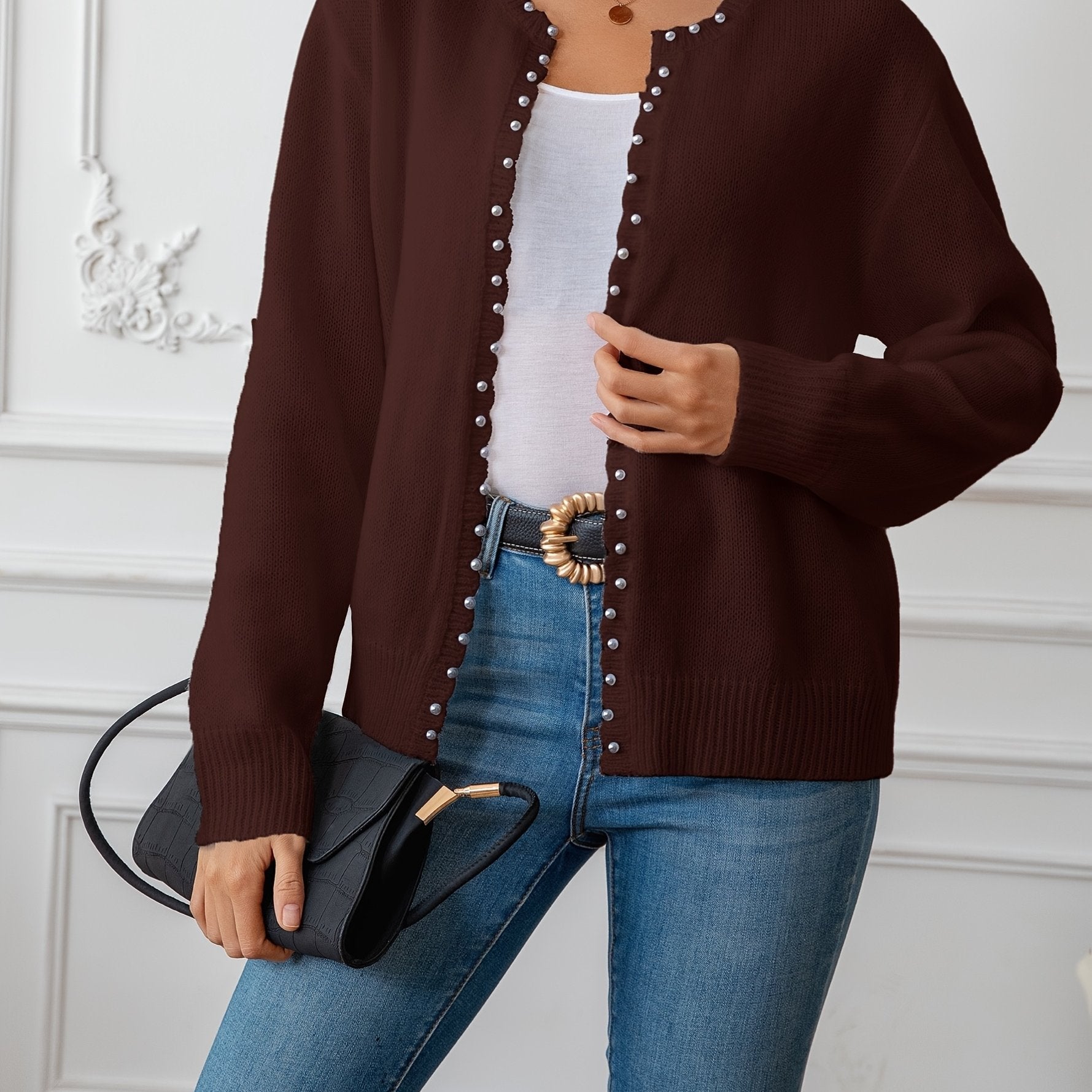 Women's Oversized Cozy Knit Cardigan with White Trim Navy Blue Winter Layering