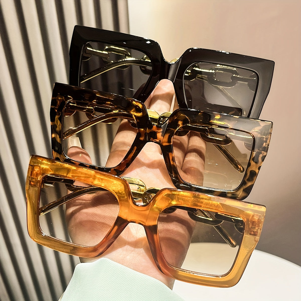 Women's Square Large Frame Glasses with Metal Chain Multicolor
