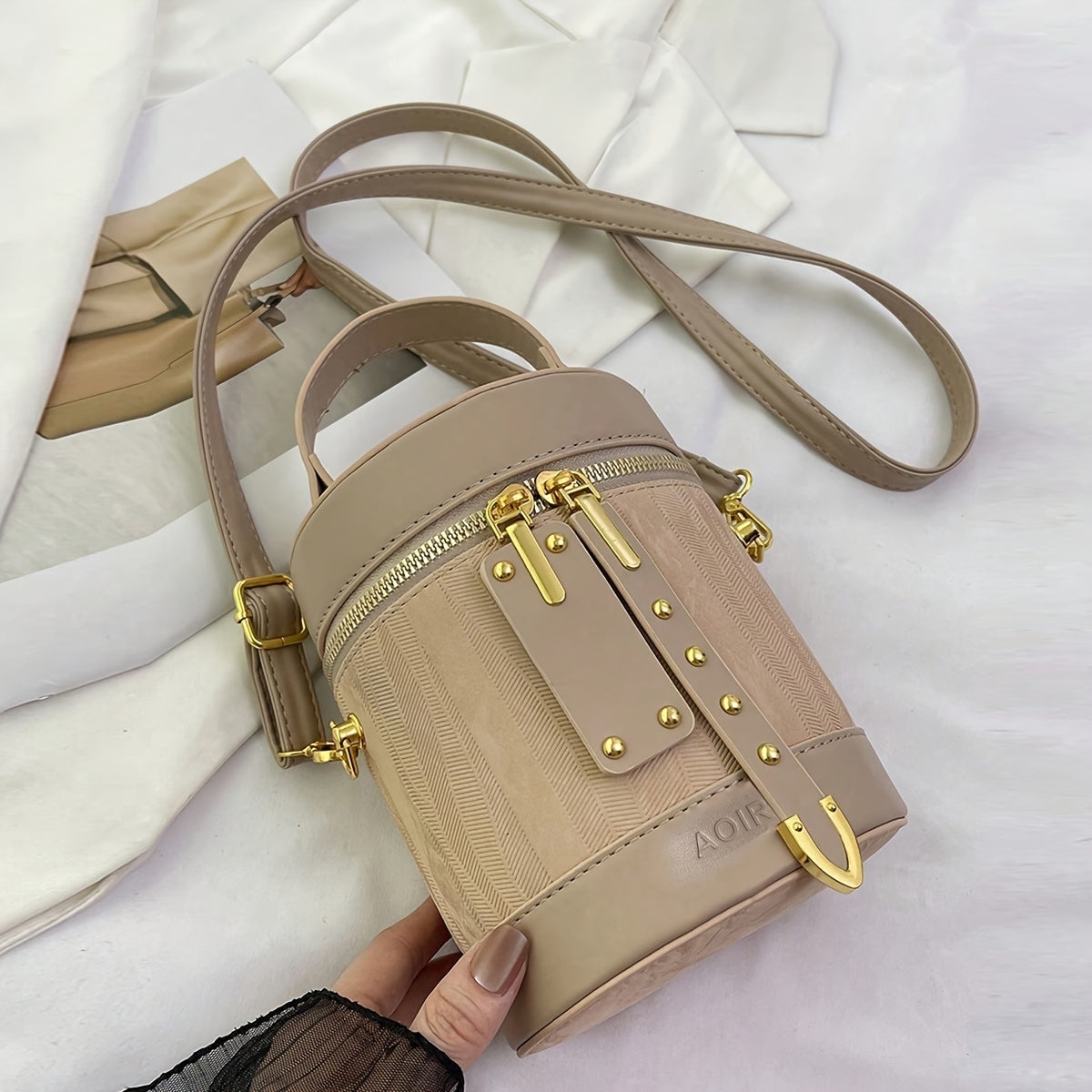 Striped PU Crossbody Bag for Women with Adjustable Strap and Zipper Closure