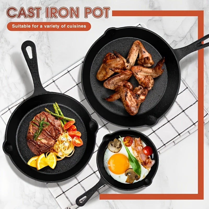 Cast Iron Skillet Set 3 Pieces Non-Stick Frying Baking with Lid and Scraper