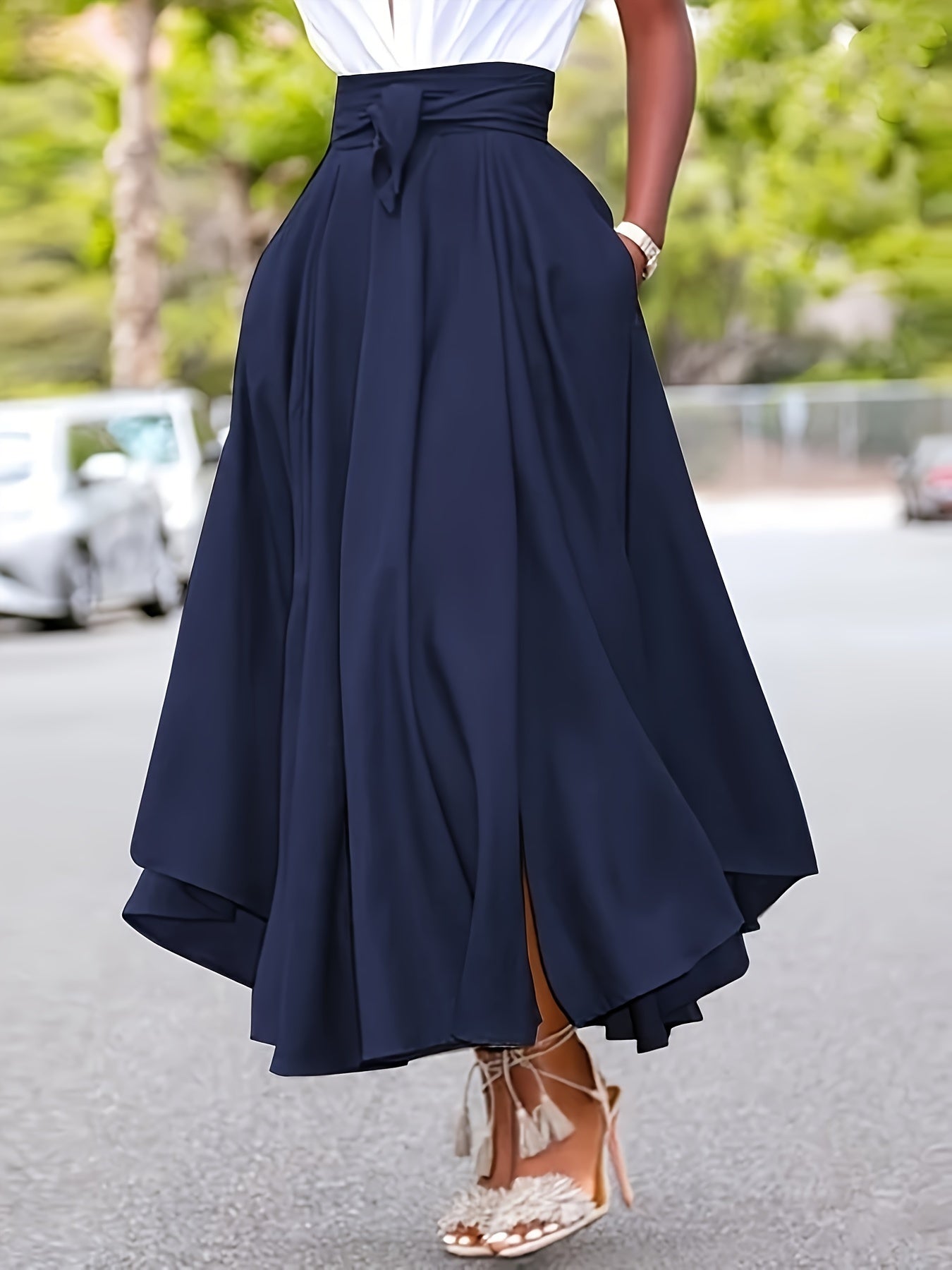 Plus Size Navy Blue Maxi Skirt with Asymmetrical Hem Pockets Belt Non-Stretch Polyester