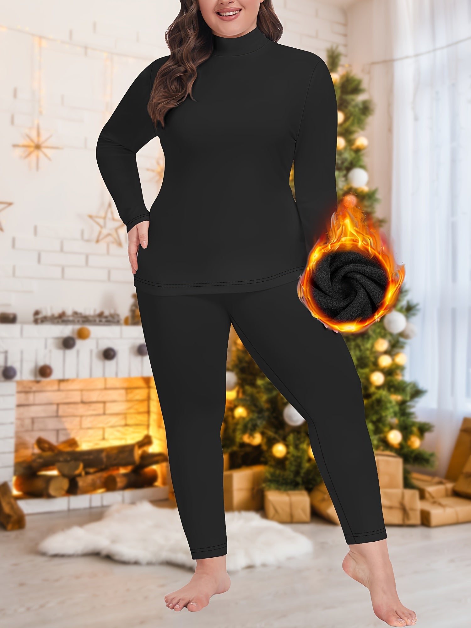 Plus Size Women's Thermal Underwear Set Long Sleeve Top and Tights Winter