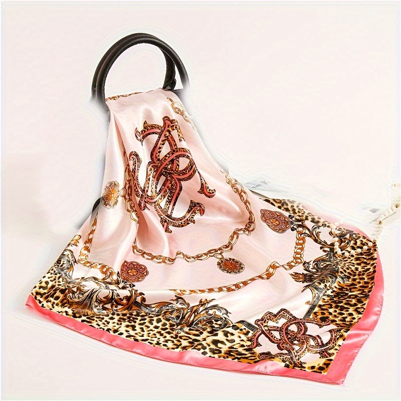 Women's Satin Square Scarf 88.9cm Leopard Chain Print Boho Head Wrap Shawl