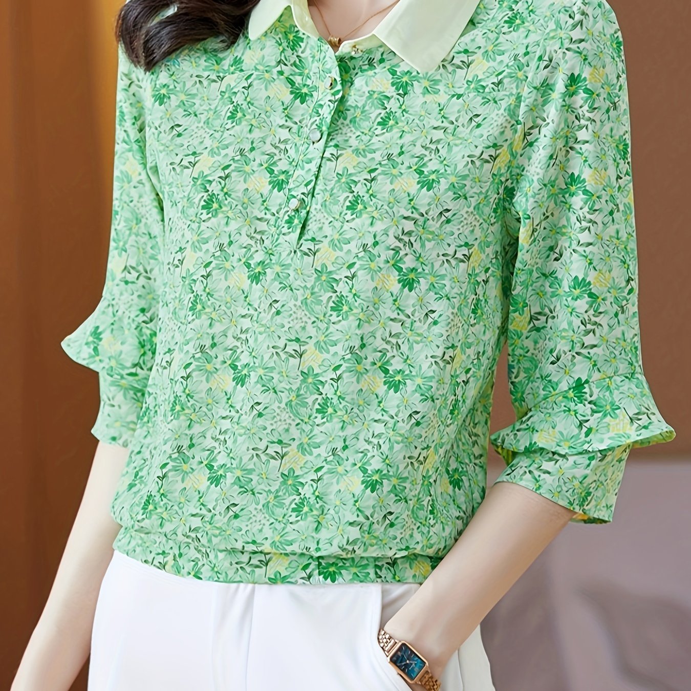 Блузка большого размера с цветочным принтом, элегантный воротник, многослойный топ с рукавами 3/4