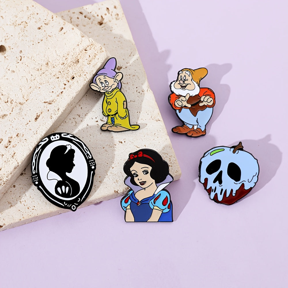 Set of 5 Enamel Pins Snow White and Dwarfs Brooches Alloy Metal for Clothing and Backpacks