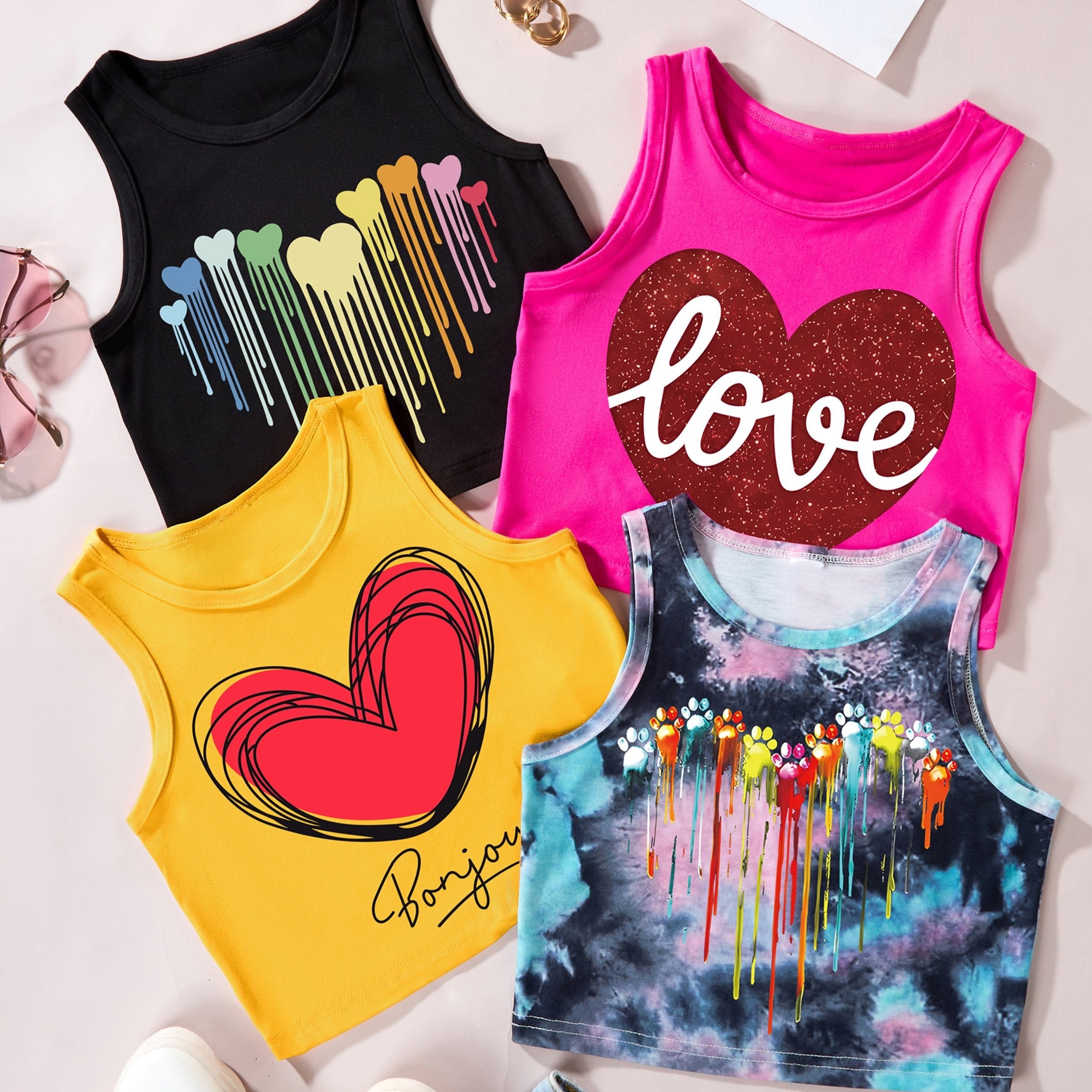Girls' Blue Heart Print Tank Top Set Multicolor Polyester Elastane Summer Casual