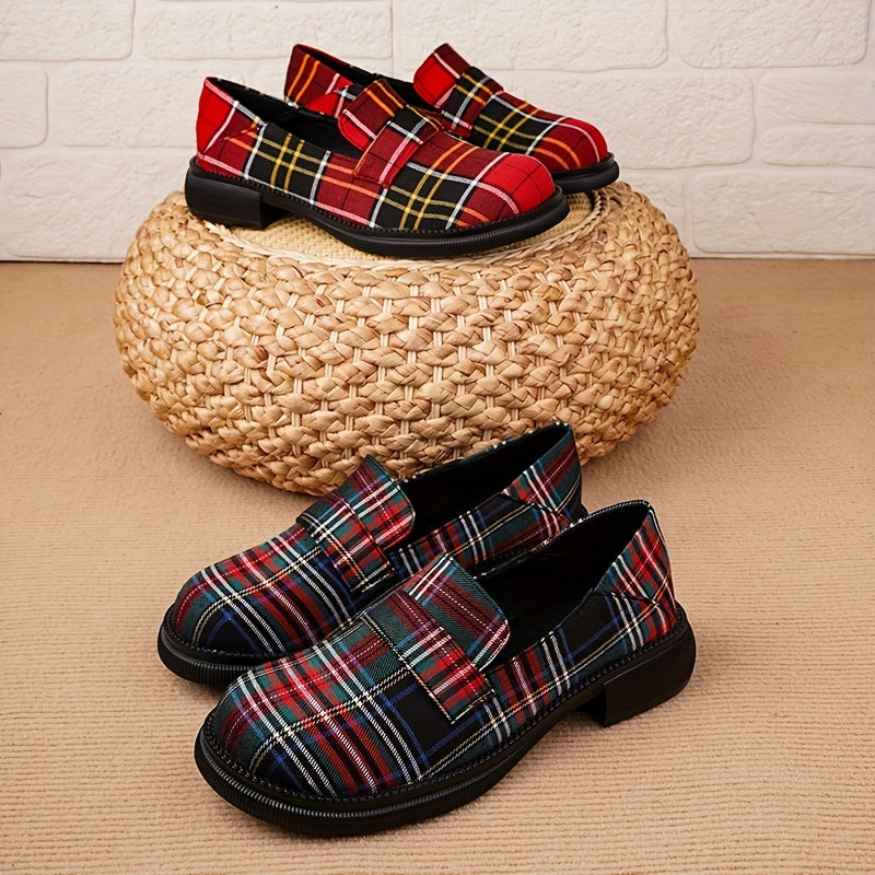 Women's Plaid Loafers Slip-On Dress Shoes Non-Slip Rubber Sole